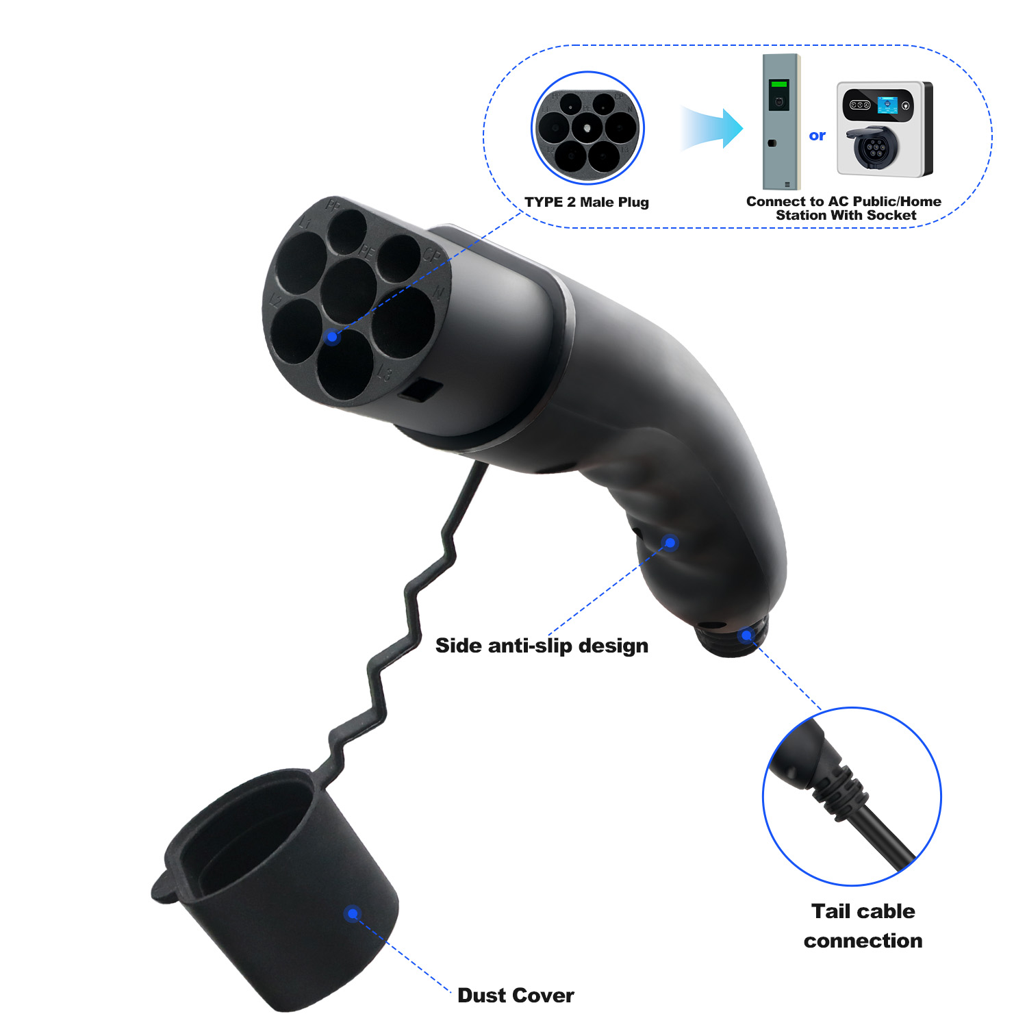 Kolanky EV-stekker Type 2 mann - Ev Charger Type 2 22Kw 32A 3 Phase recensie en prijs
